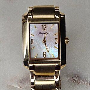 Kenneth Cole New York Rectangular Gold Watch w/ Mother of Pearl, Butterfly Clasp